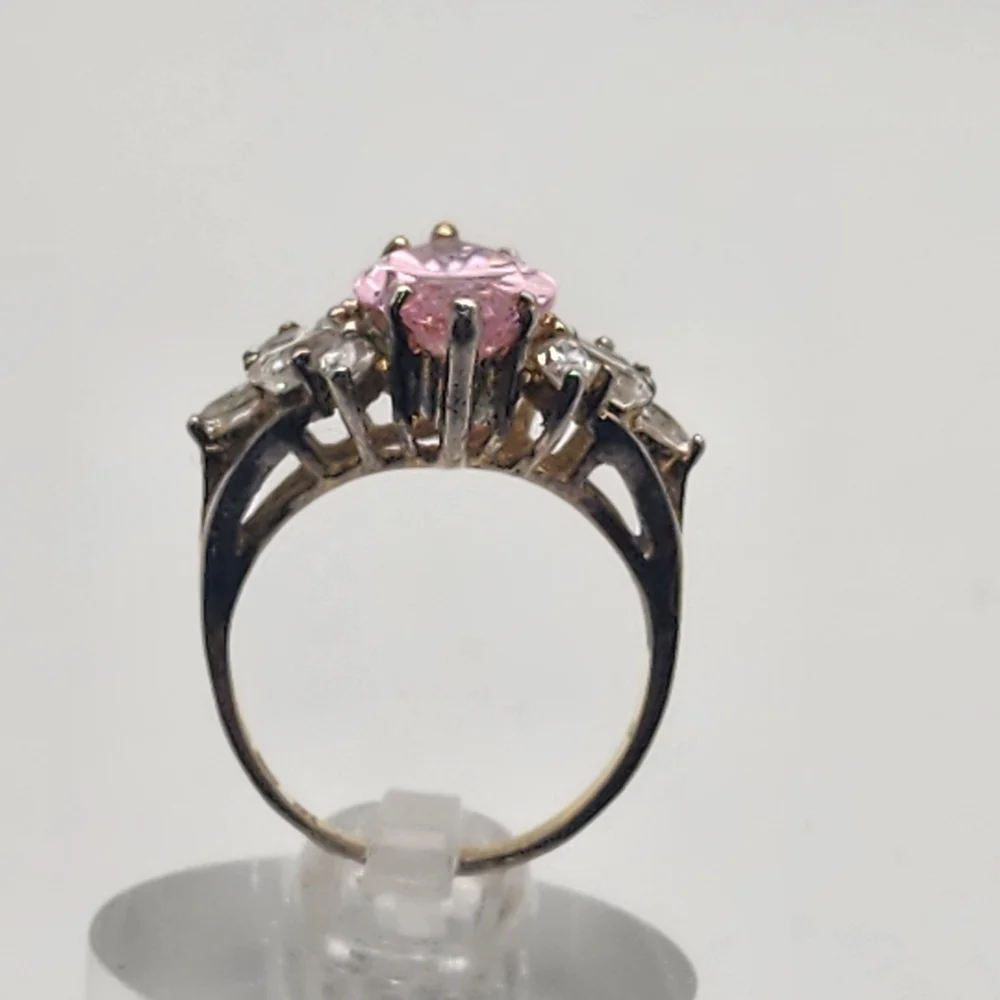 Vintage JL Gold Plated Sterling Silver Pink & Clear Crystal Ring (6.5)